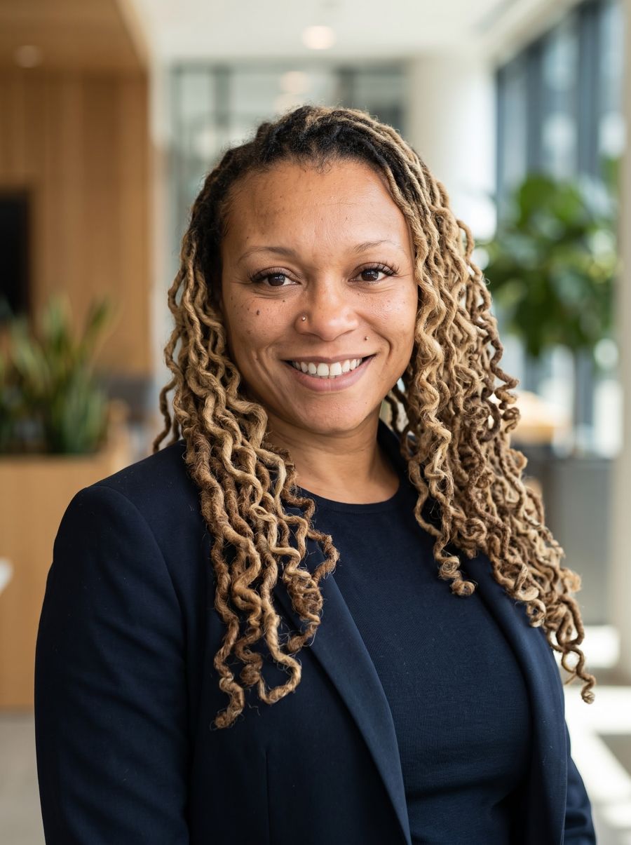 Erica Downing in a navy blazer, smiling in a bright office